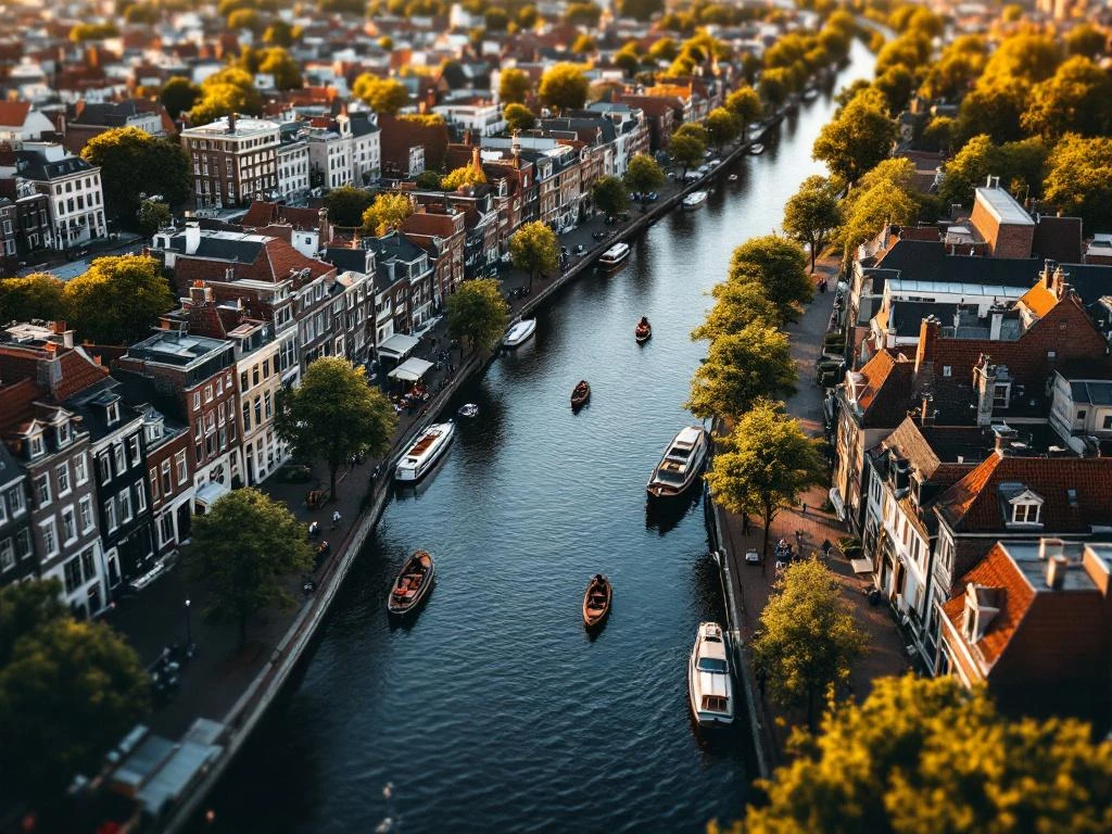 Aerial view of Amsterdam's historic canal rings with traditional Dutch houses, tree-lined streets, and boats at golden hour