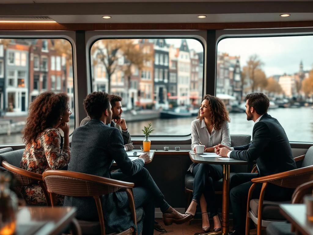 Diverse business professionals collaborating on modern Amsterdam canal cruise boat with historic architecture visible through windows.