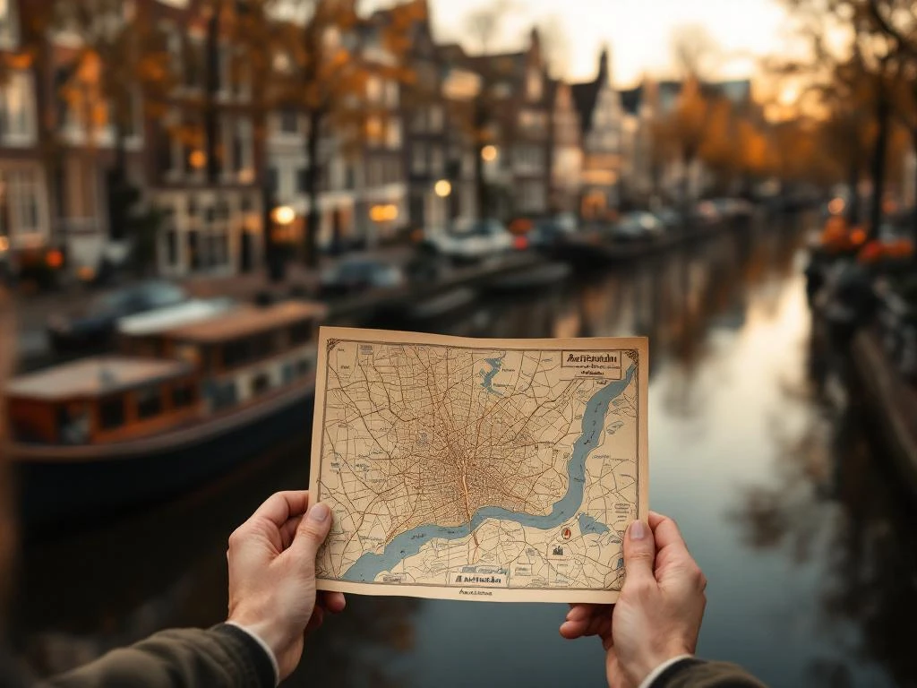 Tour guide holding vintage Amsterdam map over aerial view of traditional Dutch canal with historic brick buildings and boat