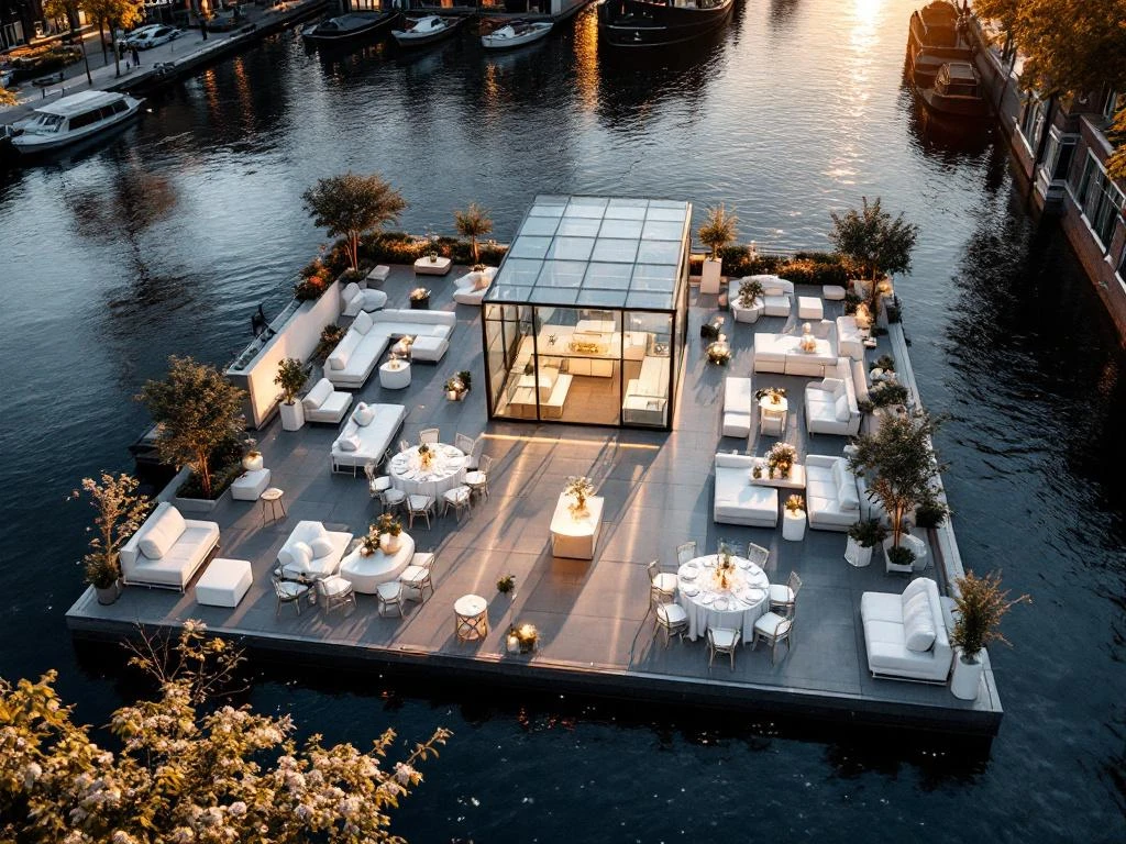 Elegant outdoor event setup with white modern furniture around glass pavilion on Amsterdam canal waterfront terrace at sunset.