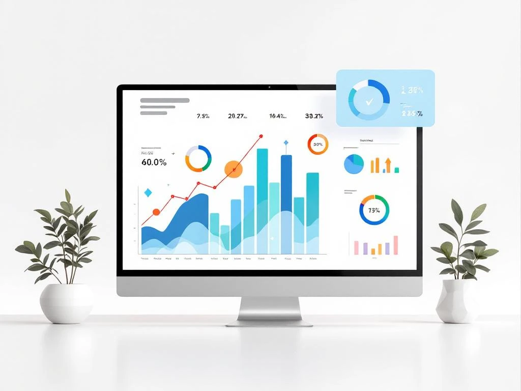 Digital analytics dashboard with colorful bar charts, progress indicators, and data visualizations on white background