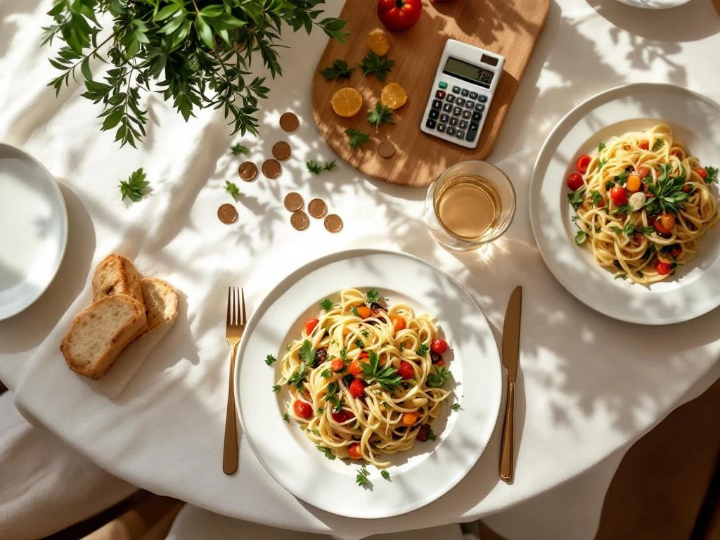 Elegant white plates with pasta and colorful vegetables on dining table, coins and calculator nearby showing budget-friendly meal