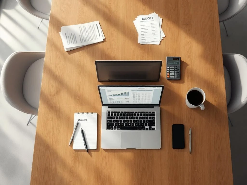 Laptop with budget spreadsheets, calculator, and financial documents on modern conference table in minimalist office
