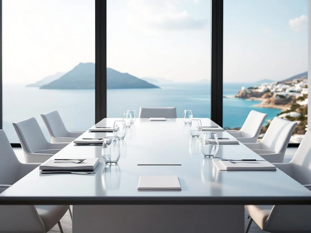Conference table with white chairs and documents overlooking Mediterranean coastline through floor-to-ceiling windows.