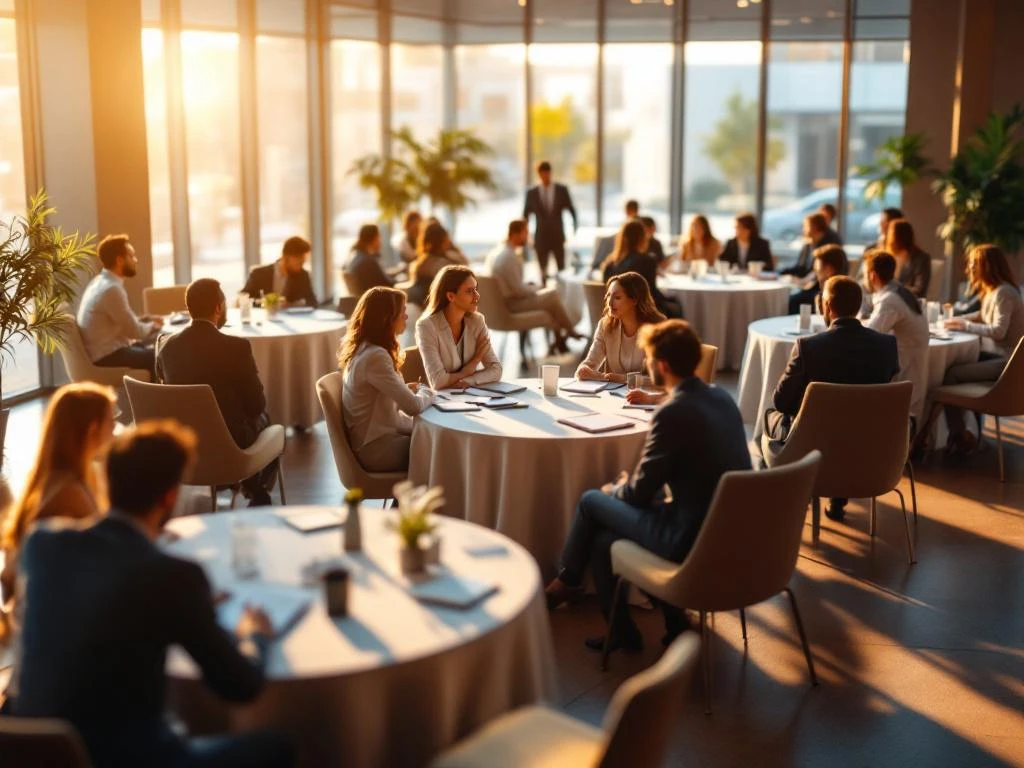 Business professionals networking at round tables in modern conference room with natural lighting and motion blur