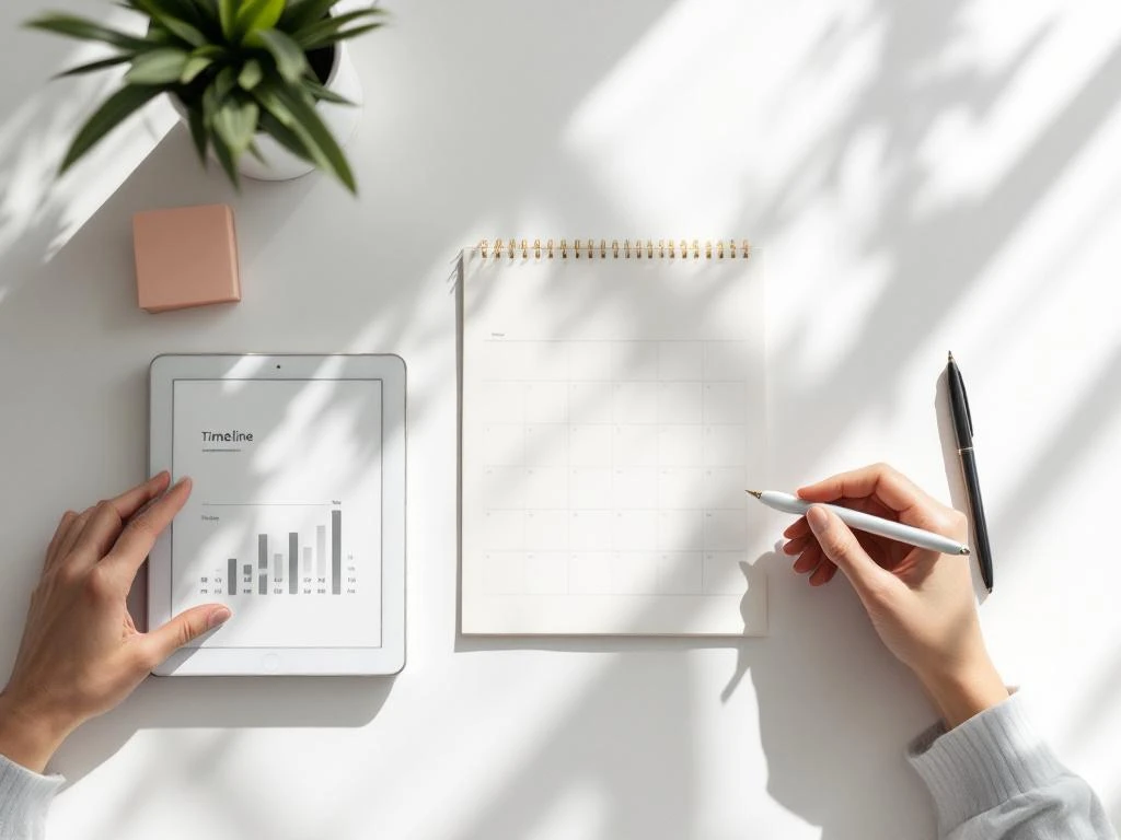 Minimalist desk with open calendar, tablet showing timeline graphics, pen and paper notes for event planning and scheduling