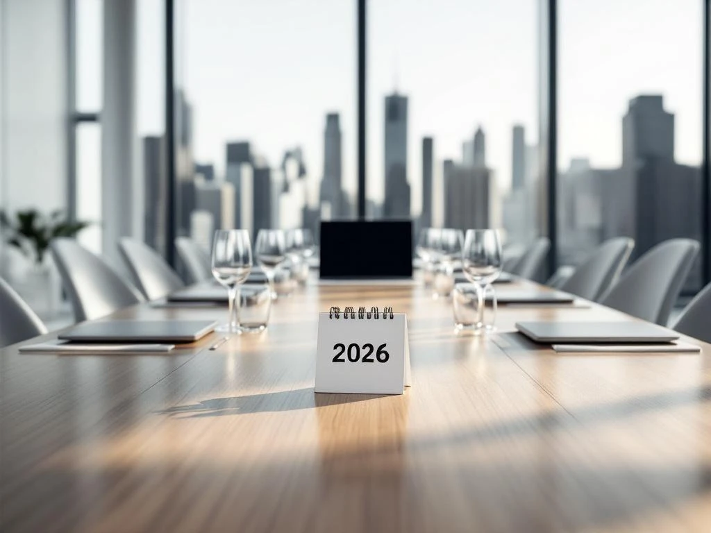 Modern conference room with wooden table, laptops, and digital calendar showing 2026, overlooking city skyline
