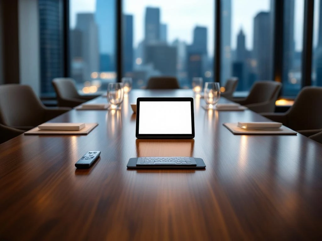 Modern conference room with polished wooden table, wireless remote, tablet, water glasses, and city view windows