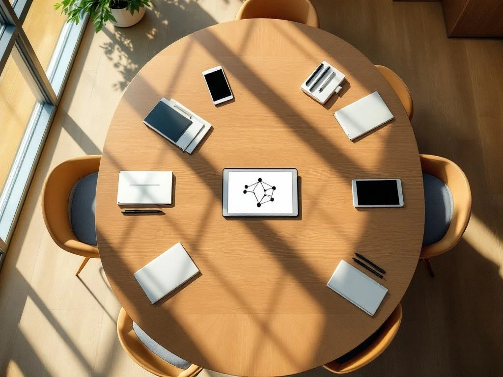 Overhead view of modern conference room with oval wooden table, notebooks, pens, and tablet showing network diagram