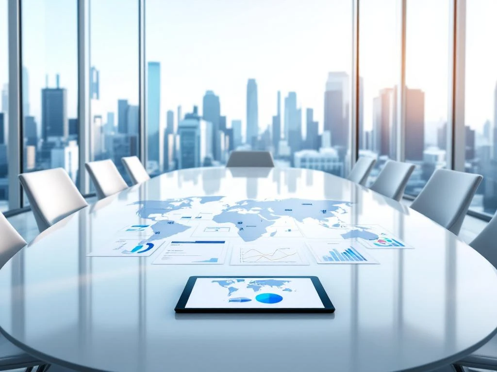 Modern conference room with glass walls and city skyline view, featuring oval table with planning documents and tablet
