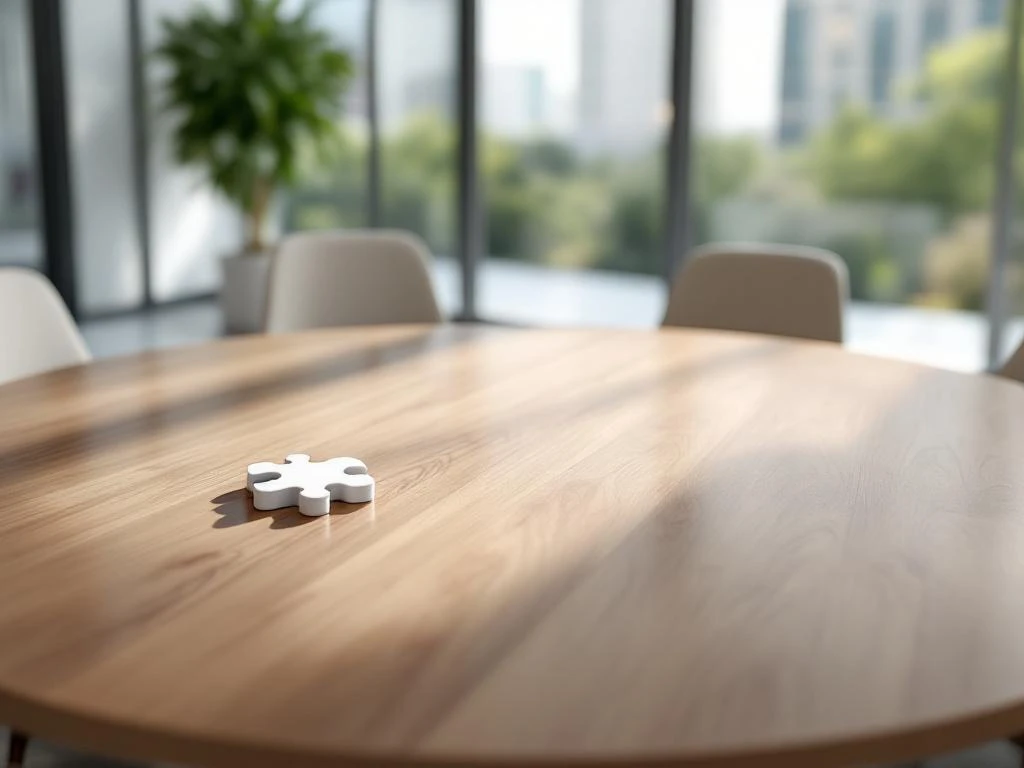 White puzzle pieces on wooden conference table in modern office meeting room with empty chairs and natural lighting.