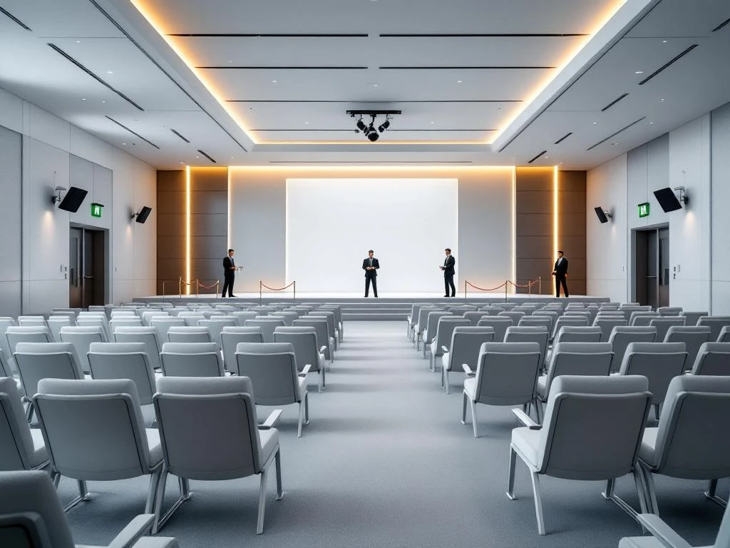 Modern corporate conference hall with empty chairs facing lit stage, security cameras and personnel visible, emergency exits marked.