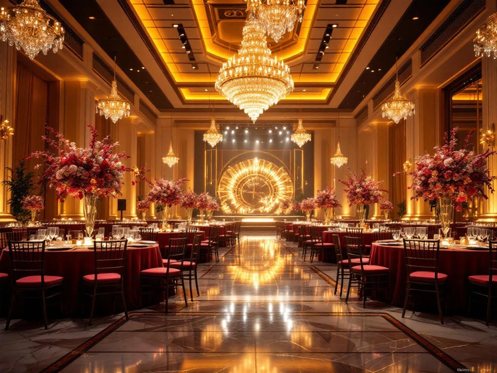Elegant corporate event ballroom with crystal chandeliers, round tables, and illuminated stage creating luxurious atmosphere