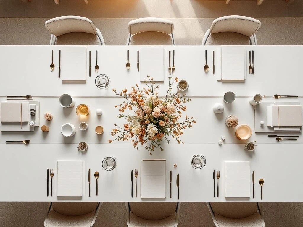 Modern corporate conference table setup with notebooks, floral arrangements, and geometric decor in neutral tones.