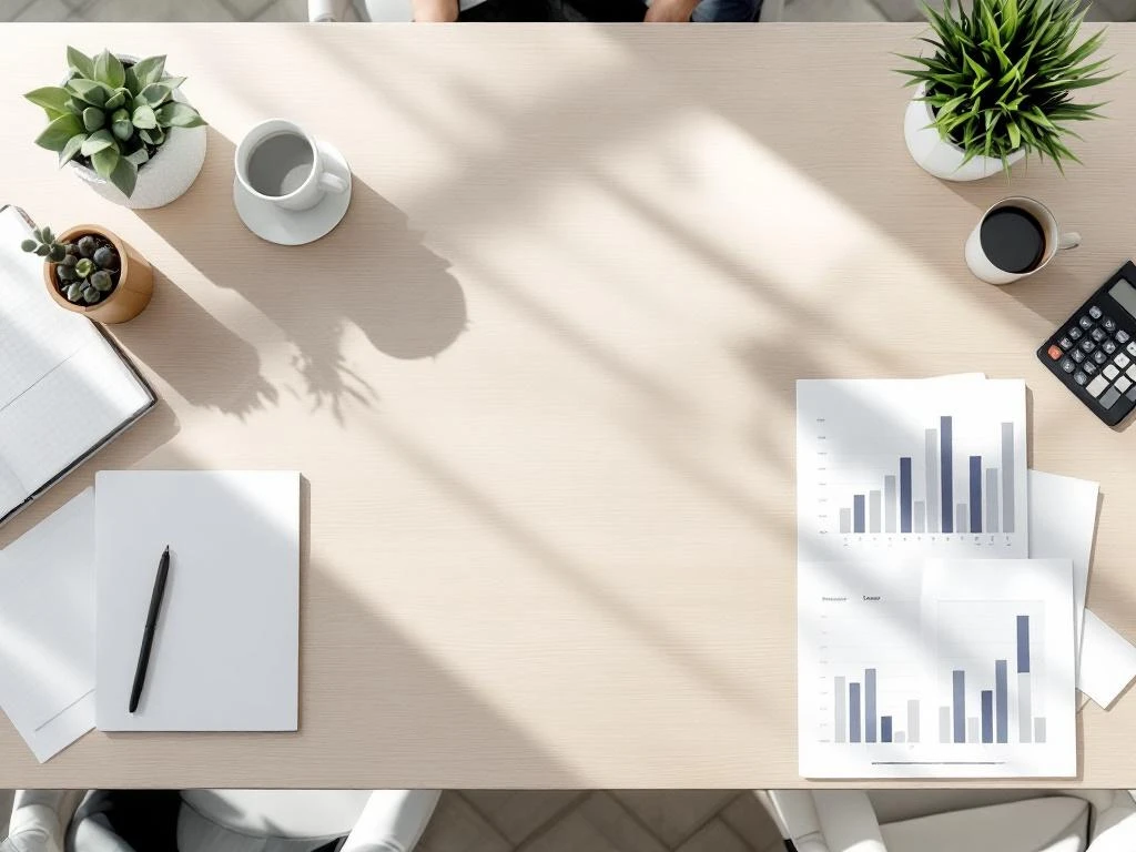 Modern conference table with corporate event planning materials including notebooks, calculator, and budget charts arranged in organized grid pattern