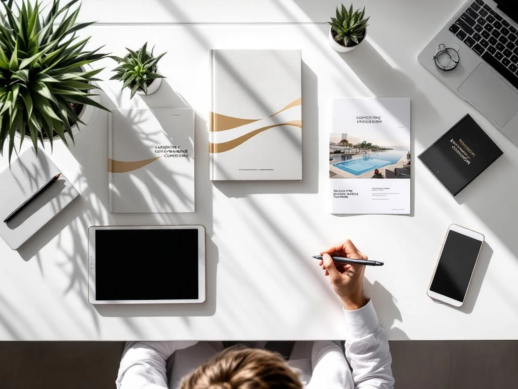 Corporate event planning workspace with organized desk sections showing conference materials, travel brochures, and sports event documents from above