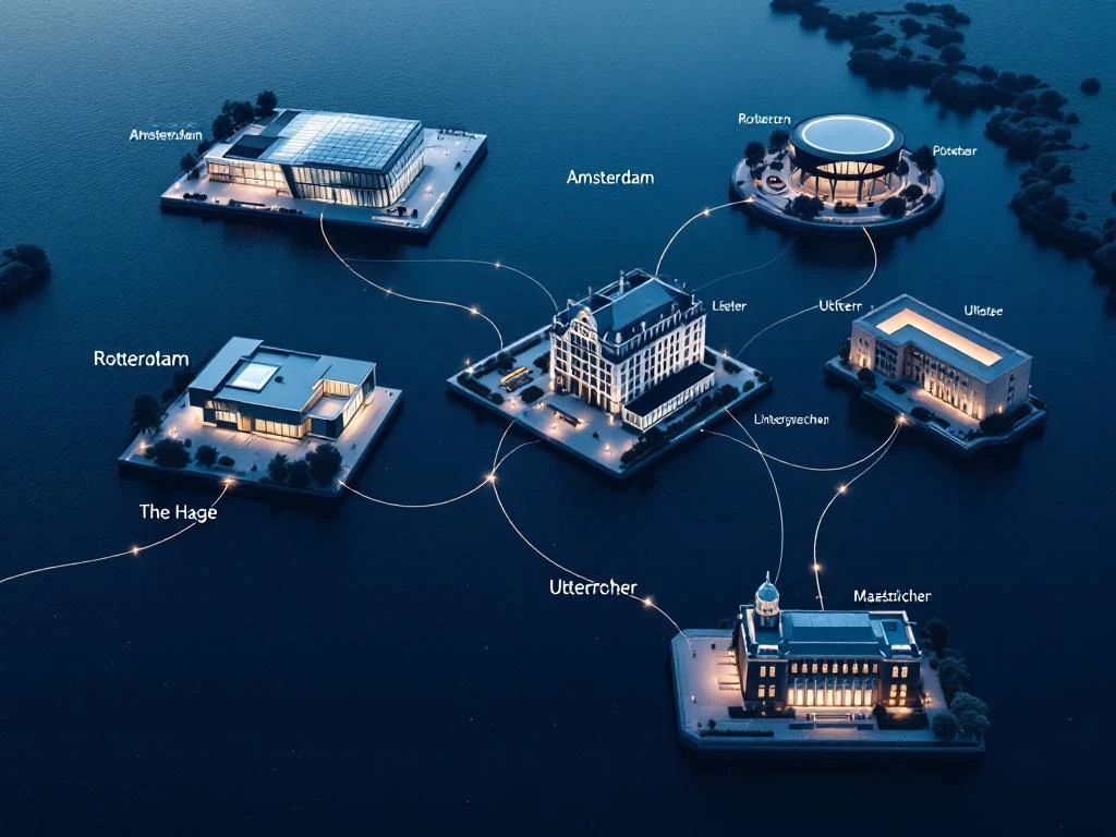 Aerial view of five corporate event venues across Netherlands cities connected by light trails in minimalist blue-gray composition.