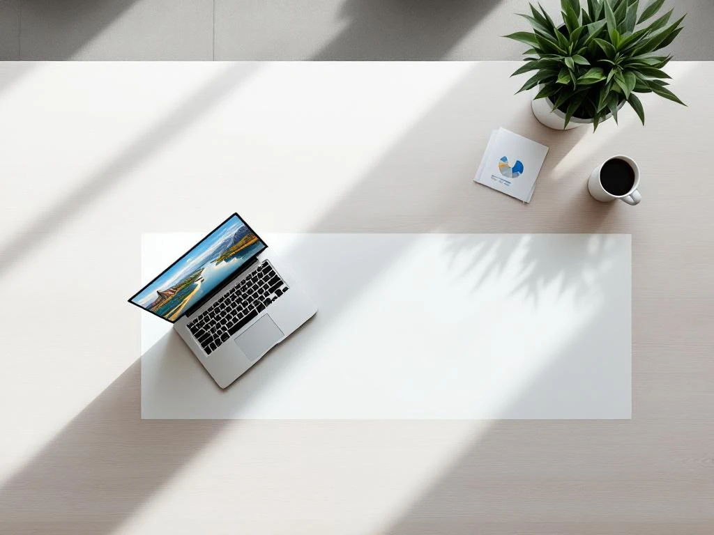 Conference table with laptop showing destination maps, business documents with charts, and small plant in modern office workspace