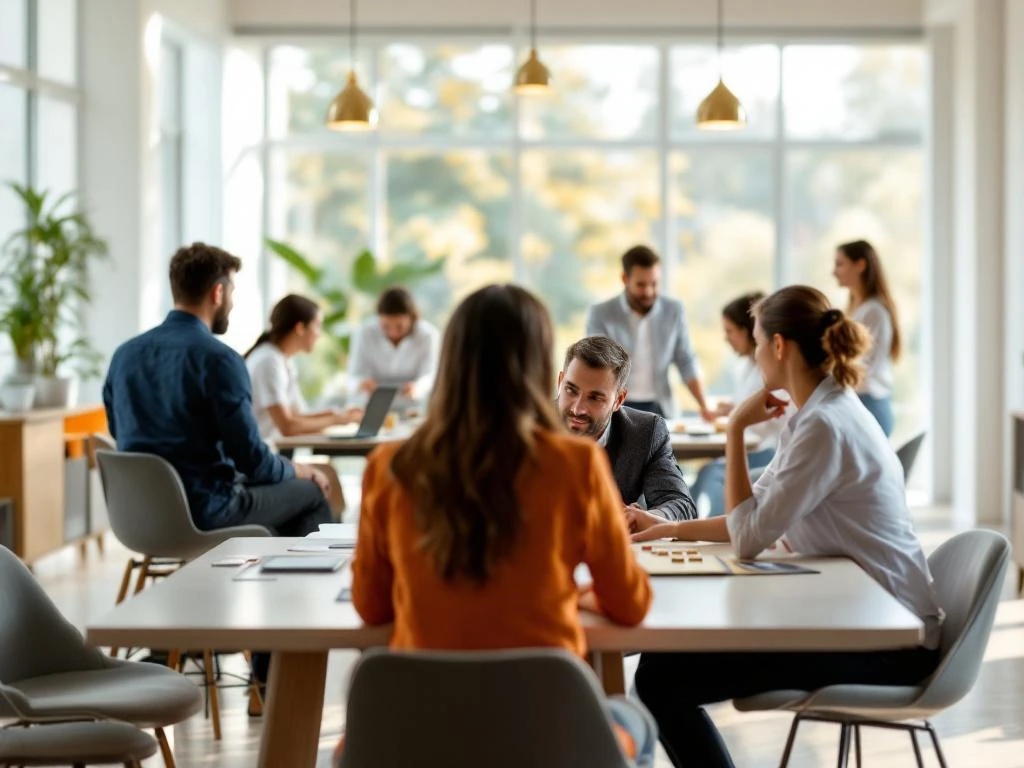 Diverse professionals collaborating in team-building activities at modern office tables with board games and conversations
