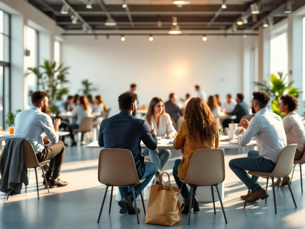 Diverse professionals collaborating in small groups at modern tables in bright corporate event space with natural lighting.