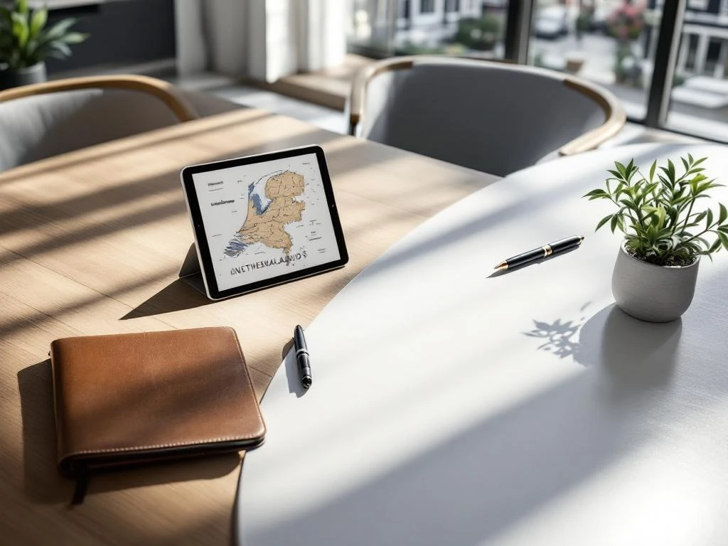 Wooden conference table with tablet showing Netherlands map, leather portfolio, pen, and plant, with Amsterdam canal houses visible through windows