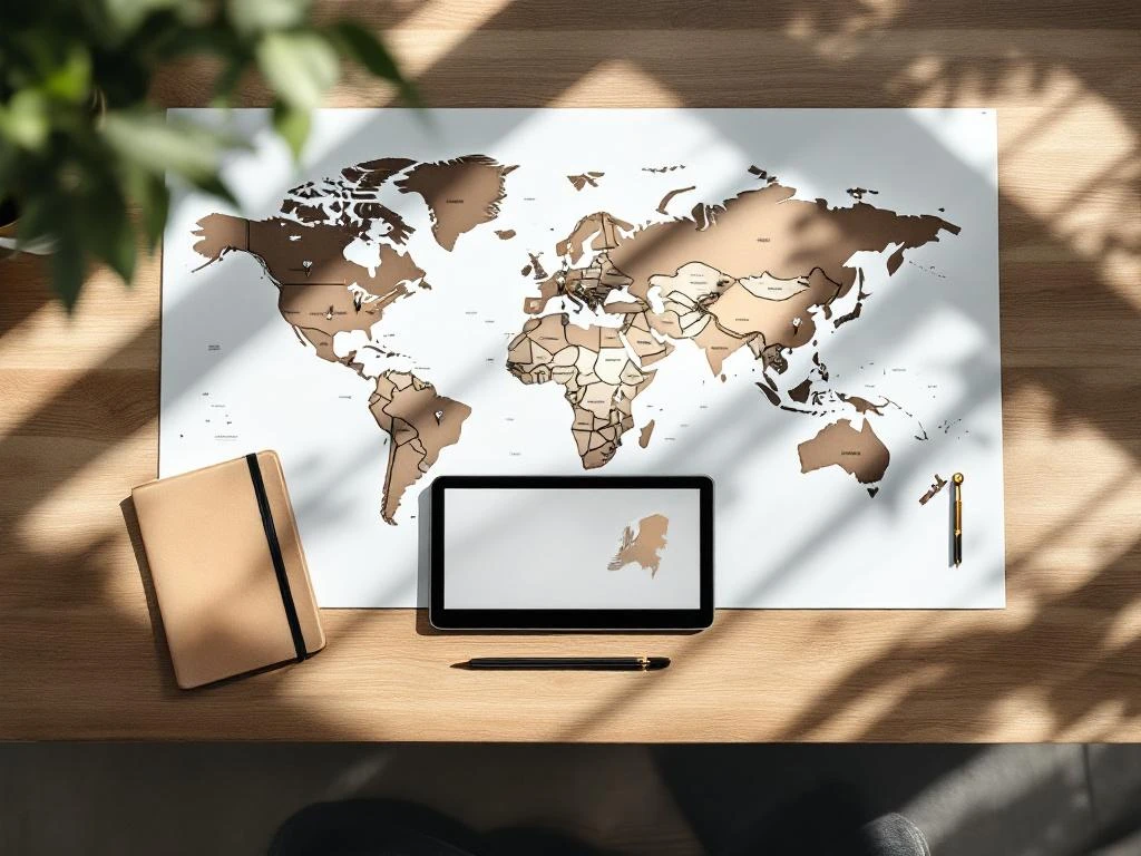 Wooden desk with world map, location pins, tablet showing event planning interface, leather notebook, and compass pointing to Netherlands