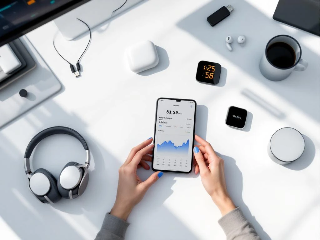 Modern digital tools arranged on white desk including tablet with analytics, wireless headphones, smartphone, and USB drives