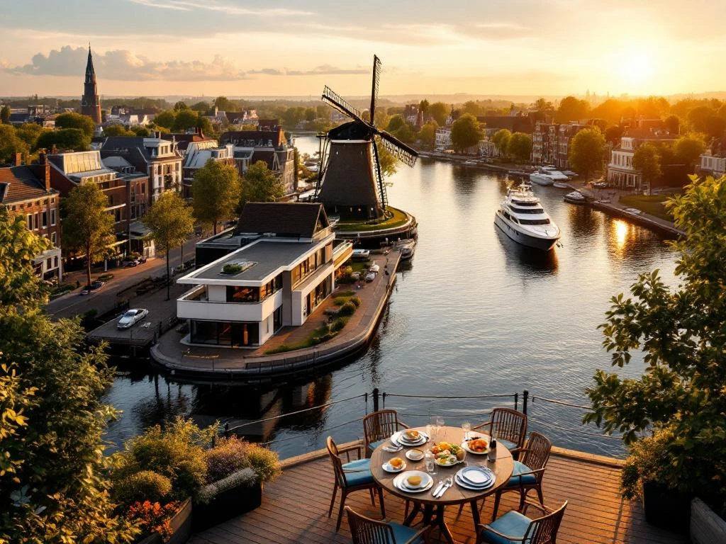 Traditional Dutch windmill beside canal with luxury yacht and elegant outdoor dining setup during golden hour in Amsterdam
