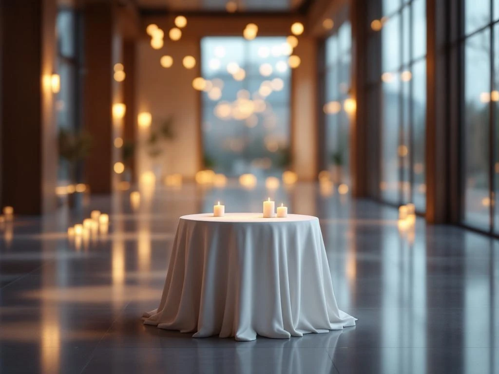 Elegant event space with round table, white linens, candlelight, and warm ambient lighting from overhead fixtures