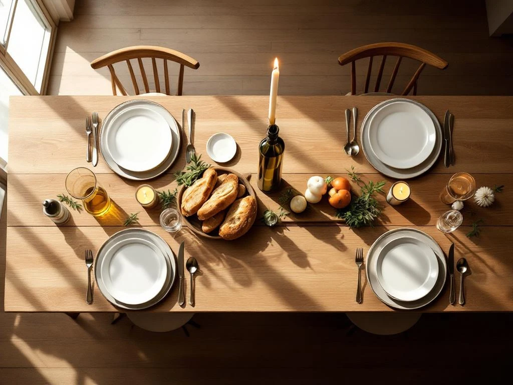 Elegant wooden dining table set with white plates, silverware, candles, artisanal bread and herbs in warm natural light.