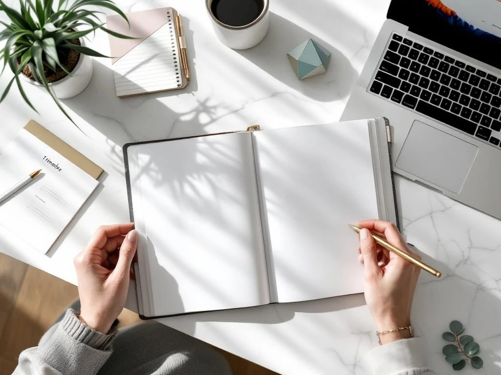 Modern office desk with open planner, gold pen, laptop showing event timeline, and succulent on white marble surface