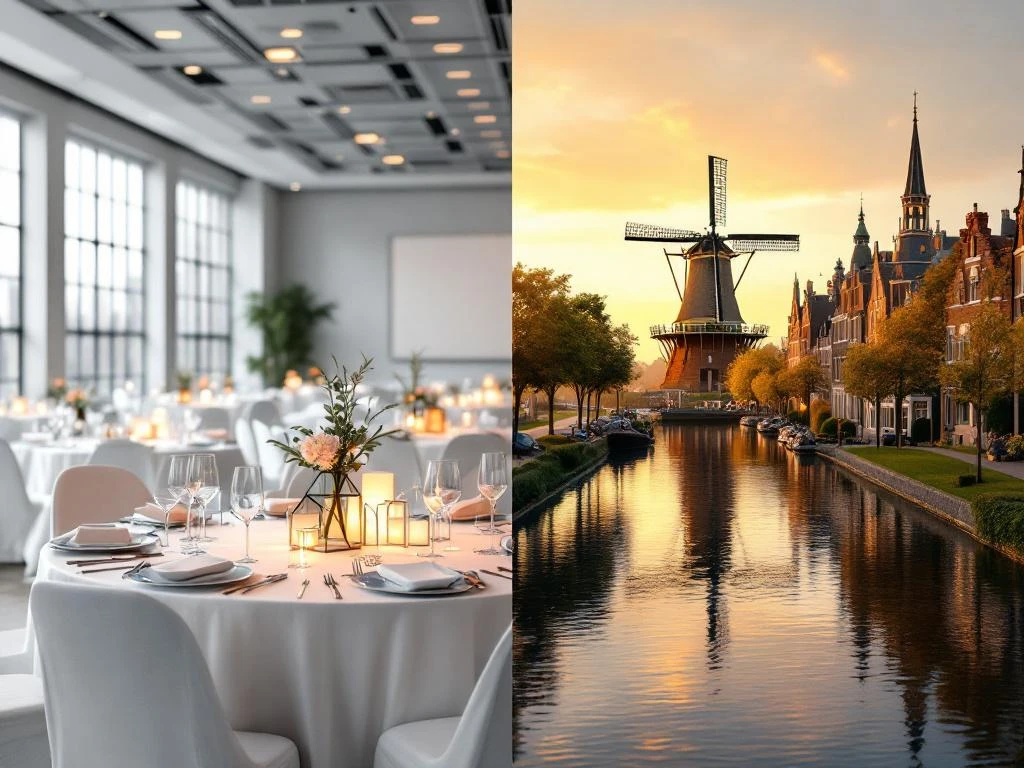 Split-screen showing modern event venue with white tables and lighting versus Dutch windmills and canals at sunset