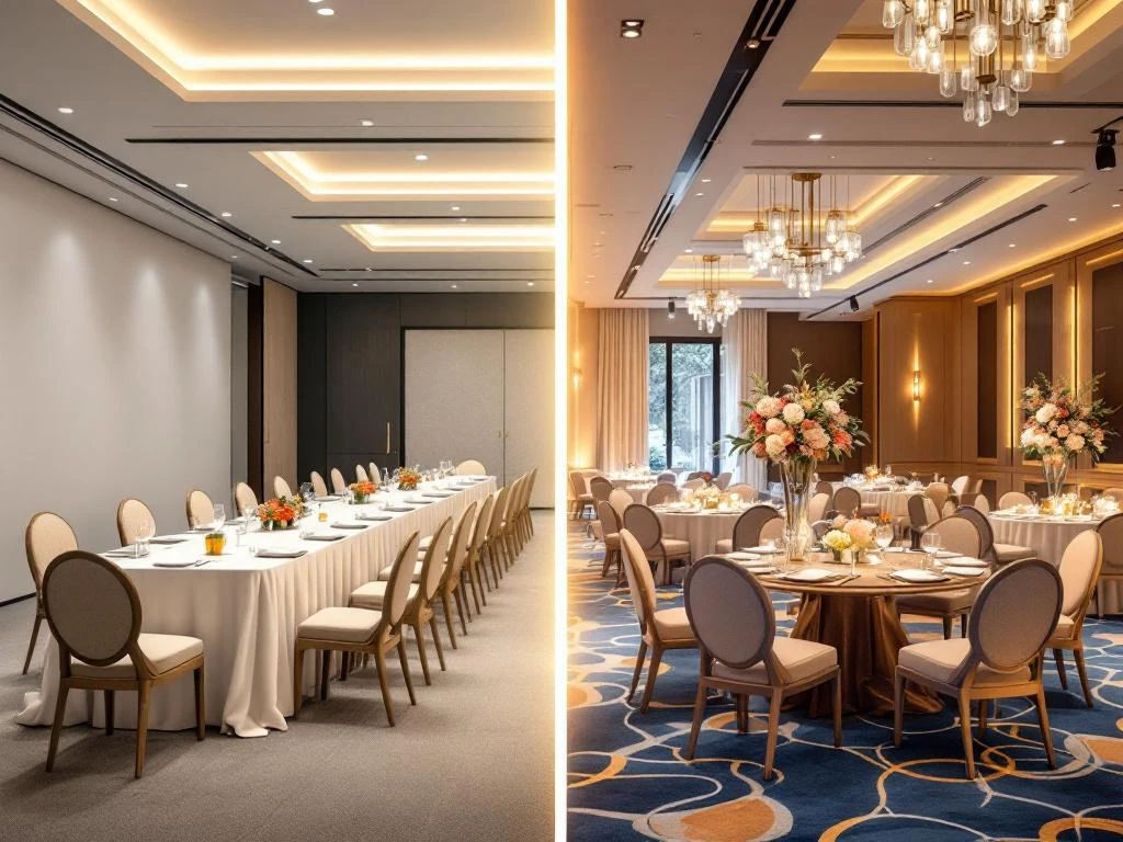 Split-screen comparison of basic conference room with standard furniture versus elegant event venue with luxury decor and lighting.