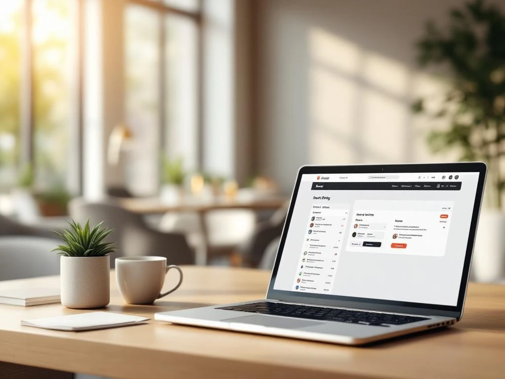 Laptop displaying event planning software on wooden desk with coffee cup and plant, blurred conference room in background