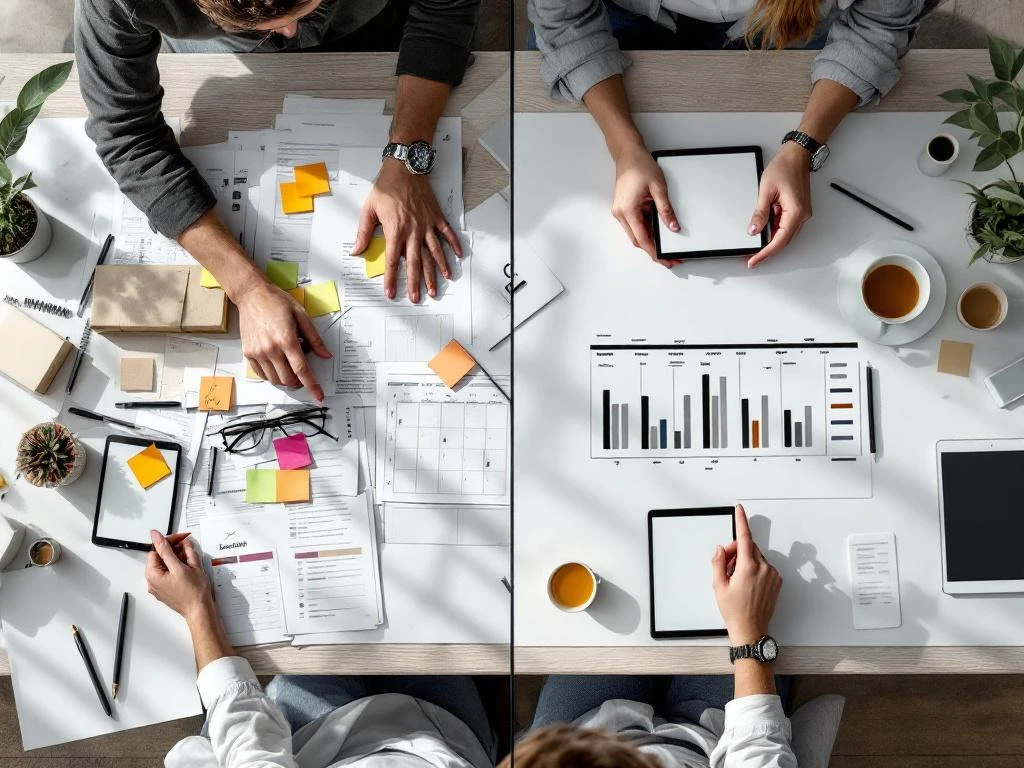Split-screen comparison: cluttered in-house office desk with scattered papers versus organized professional event management workspace with digital tools.