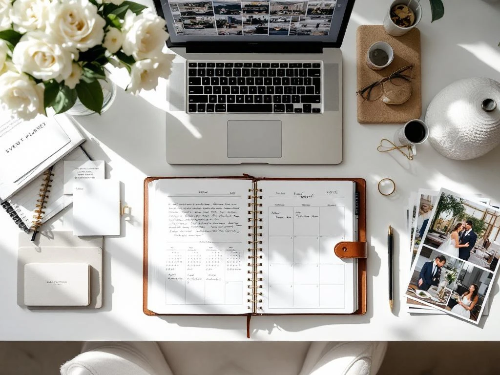 Event planner's organized workspace with open planner, laptop showing calendar, white flowers, and venue photos on desk