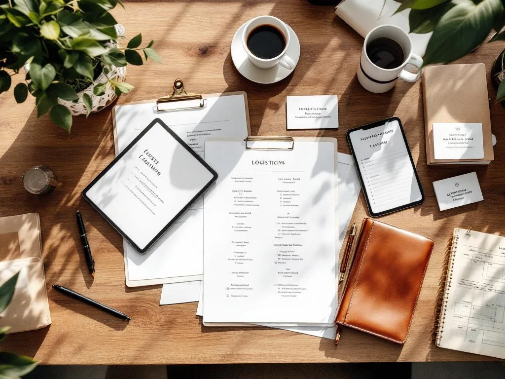 Overhead view of organized event planning desk with floor plans, tablet, business cards, planner, and coffee cup