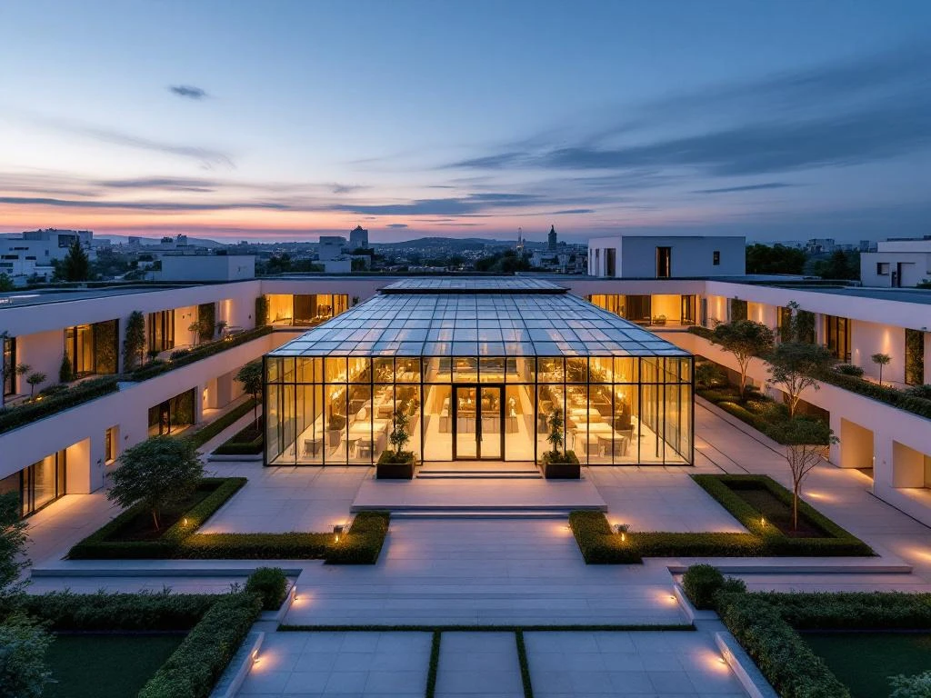 Glass conservatory event venue with geometric architecture and golden interior lighting surrounded by manicured gardens at twilight.