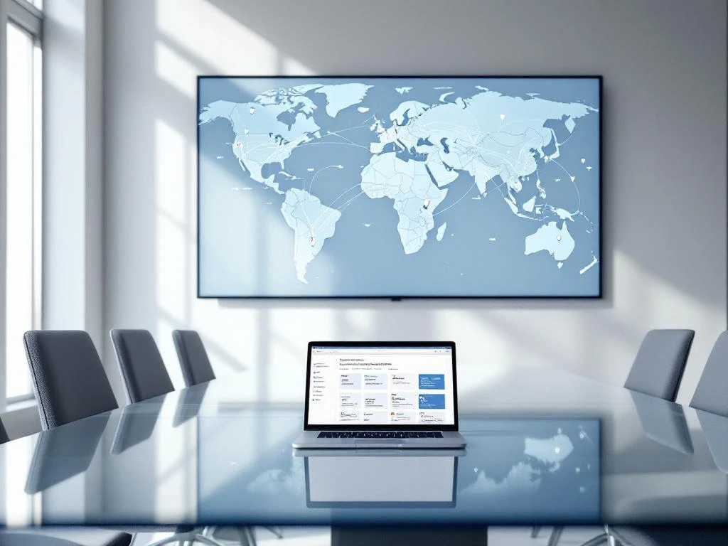 Modern conference room with world map on wall screen showing global flight connections, laptop open to event planning software on glass table
