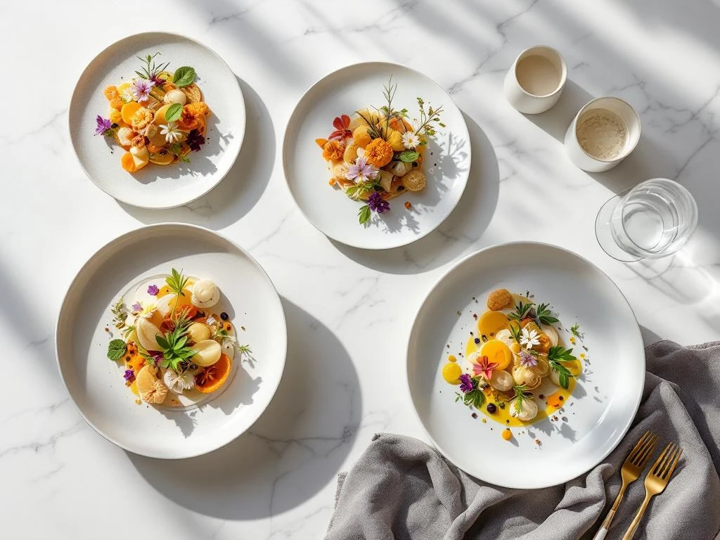 Elegant overhead view of gourmet molecular gastronomy dishes with edible flowers on white porcelain at luxury dining table