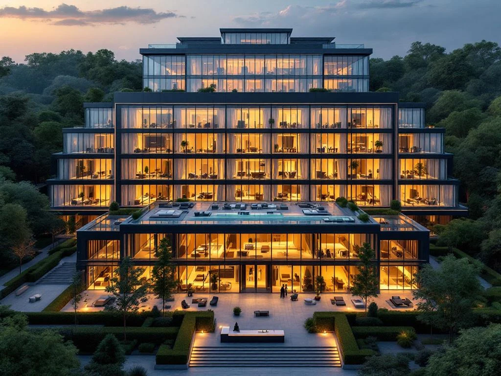 Modern hotel conference center with glass facade and golden lighting at sunset, featuring manicured gardens and contemporary lobby.