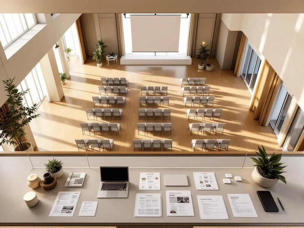 Hotel conference room with organized chair rows, presentation area, and booking charts on modern desk with natural lighting.