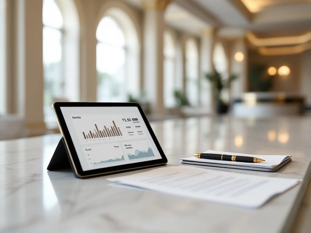 Luxury hotel reception desk with tablet displaying booking charts, marble surfaces, and warm ambient lighting in minimalist lobby