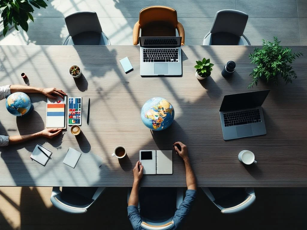 Modern conference table with laptops showing different time zones, international flags, globe, and cultural coffee cups in minimalist office setting.