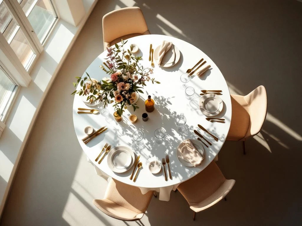 Intimate corporate gathering around modern circular table with elegant glassware, floral arrangements, and neutral place settings.