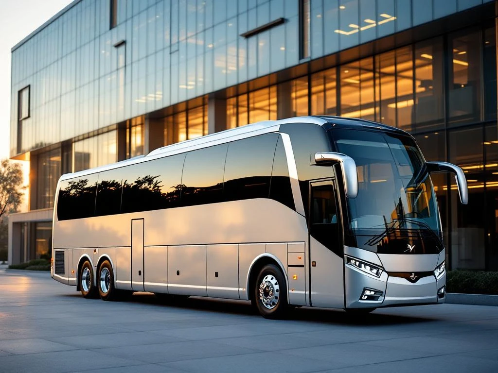 Luxury coach bus with silver and blue exterior parked at modern corporate building during golden hour sunlight.
