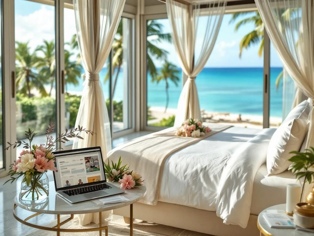 Luxury hotel suite with four-poster bed overlooking tropical coastline, laptop showing booking interface on marble table