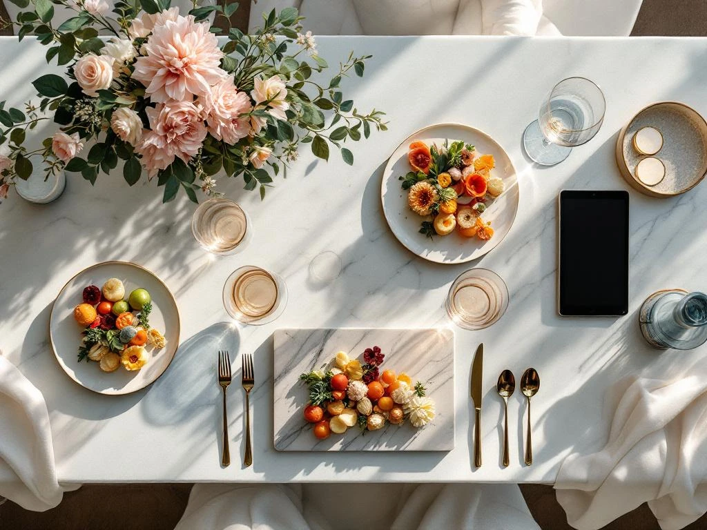 Elegant luxury event table setup with crystal wine glasses, artisanal food, floral arrangements, and gold accents on white linens.
