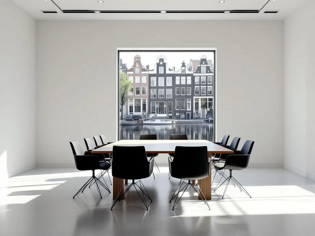 Modern conference room with wooden table and chairs overlooking Amsterdam canal through floor-to-ceiling windows