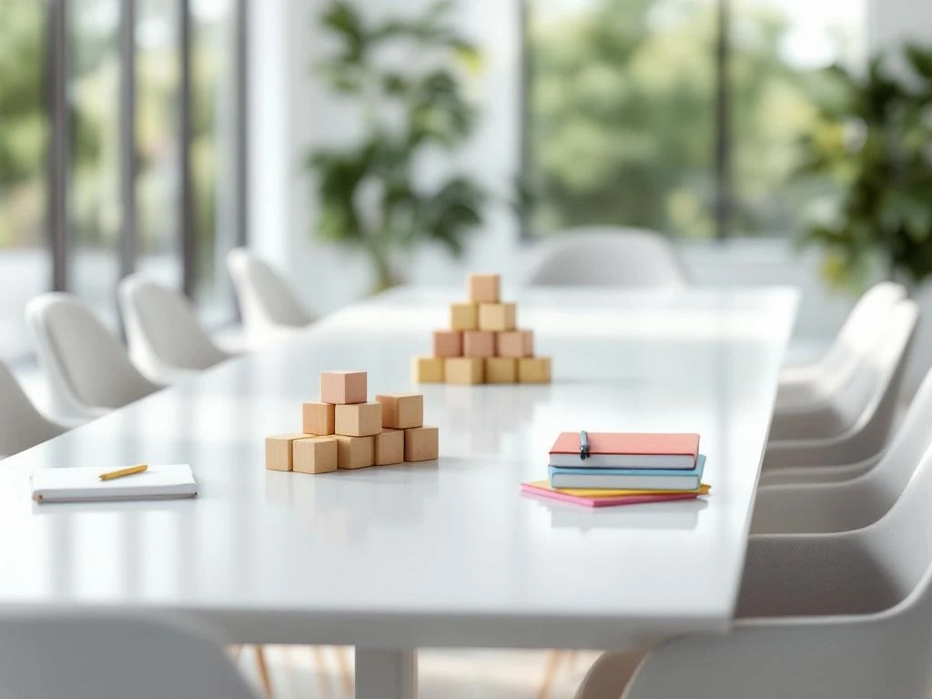 Modern conference room with white table, sleek chairs, team-building materials including blocks and notebooks, natural light.